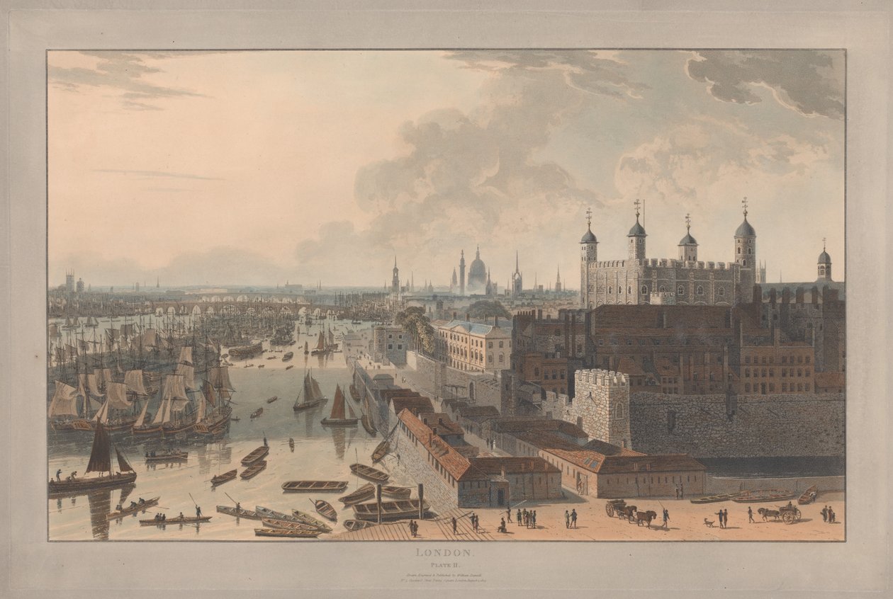 Ilustracja II: Londyn, basen i Wieża (z cyklu „Sześć widoków Londynu” Williama Daniella; strona Tamizy) autorstwa William Daniell
