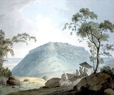 Południowo-wschodni widok na wzgórze Fort Bijaigaih, Bihar (akwarela na papierze) autorstwa William Daniell