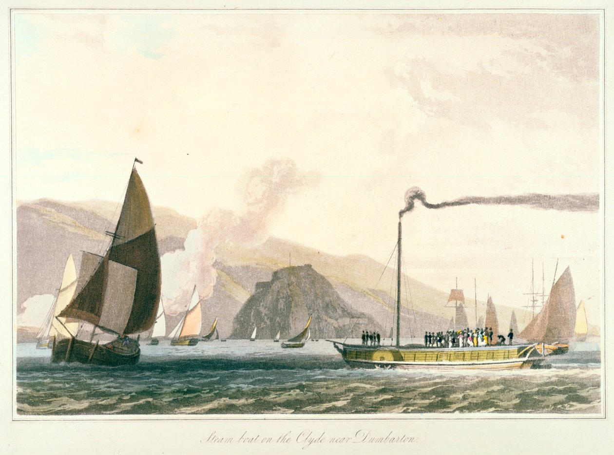 Parowiec na Clyde niedaleko Dumbarton, c1814 autorstwa William Daniell
