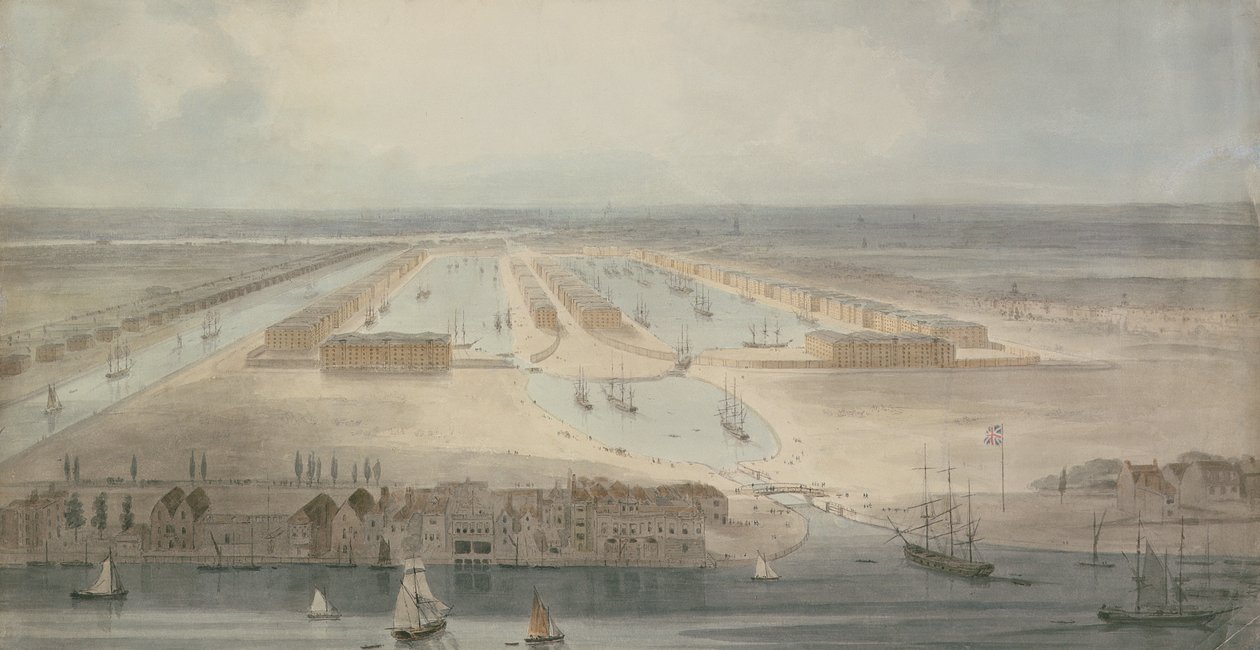 Nowe doki, Isle of Dogs (ołówek, tusz i tusz na papierze) autorstwa William Daniell