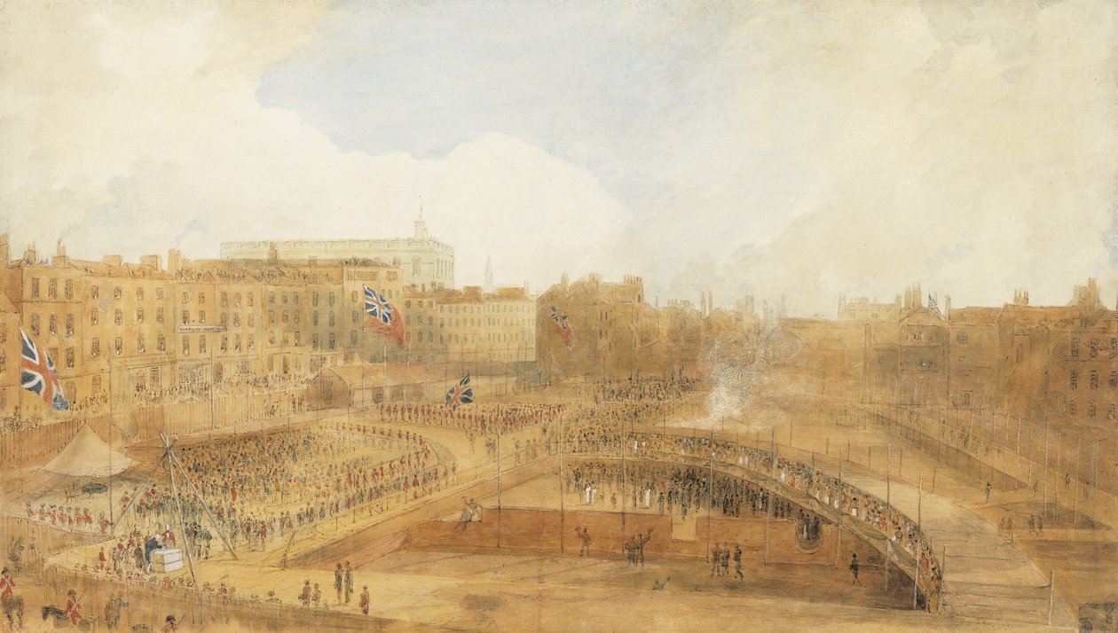 Książę Walii kładzie kamień węgielny pod Theatre Royal, Covent Garden, 31 grudnia 1808 r. (ołówek, długopis, brązowy tusz i akwarela podkreślone akcentami koloru ciała i wydrapaniami) autorstwa William Daniell