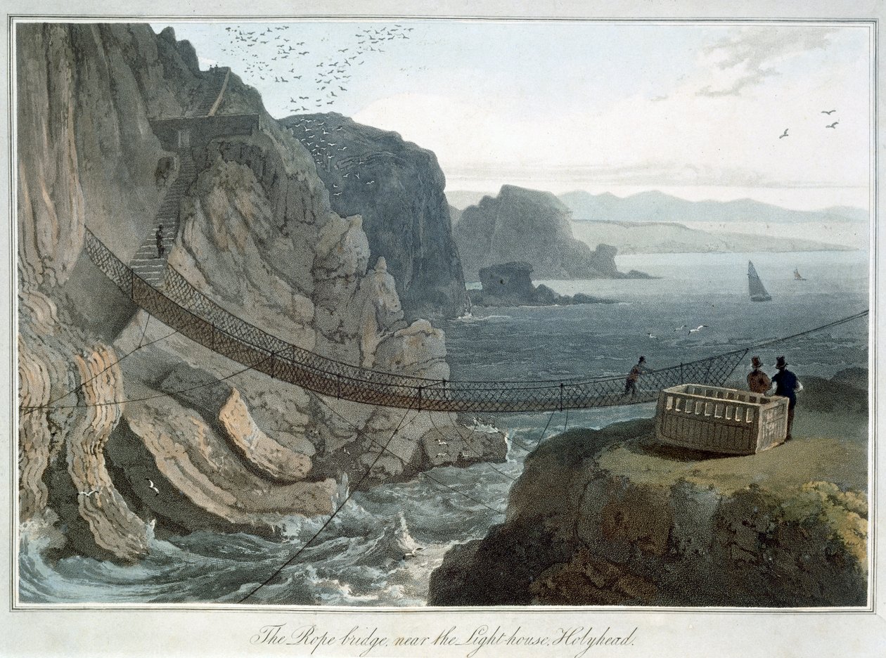 „Most linowy w pobliżu latarni morskiej, Holyhead”, Anglesey, Walia, 1829 autorstwa William Daniell