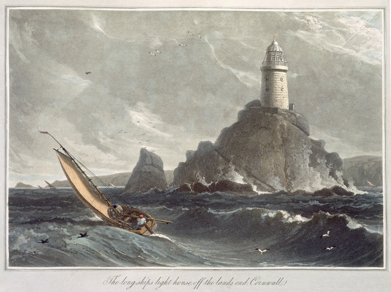 Latarnia Longships w Lands End, Kornwalia, z I tomu "Podróży dookoła Wielkiej Brytanii odbytej w latach 1814-1825", wydanej w 1814 r. (akwatinta) autorstwa William Daniell