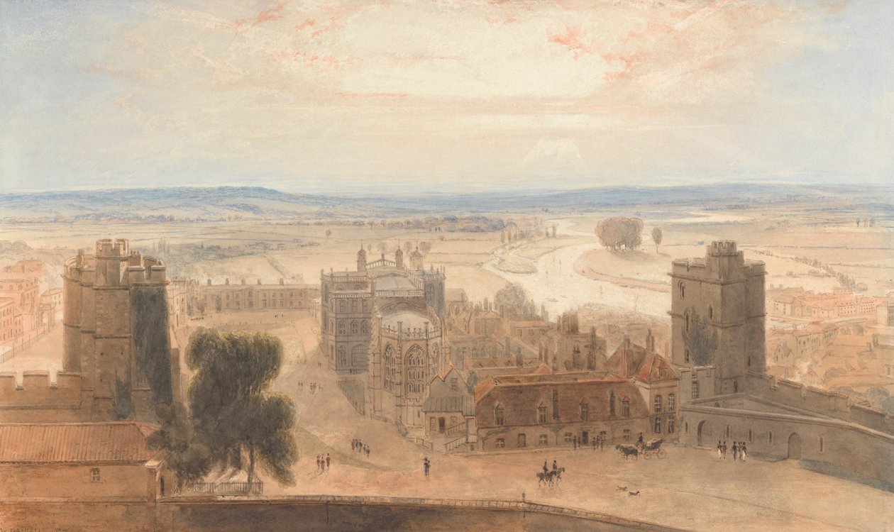 Widok z Okrągłej Wieży na zamek Windsor autorstwa William Daniell