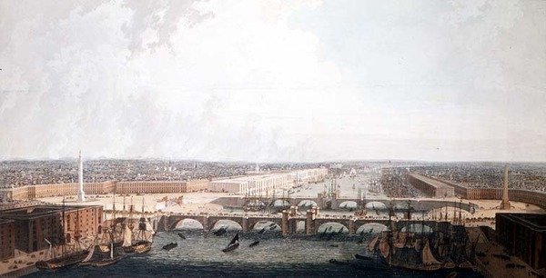 Widok na Londyn z ulepszeniami portu i podwójnym mostem London Bridge. Złożony do Komisji Specjalnej Izby Gmin przez Williama Daniela (akwatinta) autorstwa William Daniell