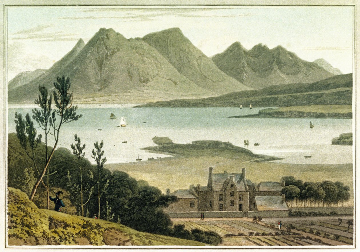 Widok na zachód z wyspy Raasay (Szkocja), z opisem dużego budynku i przylegających do niego ogrodów. Akwaforta w kolorach autorstwa Williama Daniella (1769-1837) autorstwa William Daniell