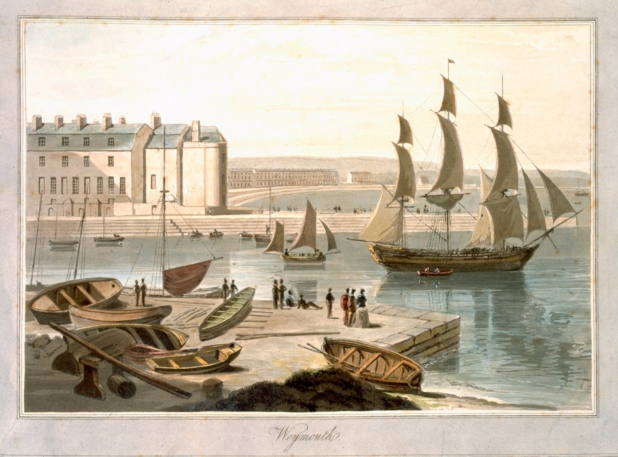 Port Weymouth, z "Podróży dookoła Wielkiej Brytanii odbytej między 1814 a 1825 rokiem", opublikowanej w 1829 r. autorstwa William Daniell