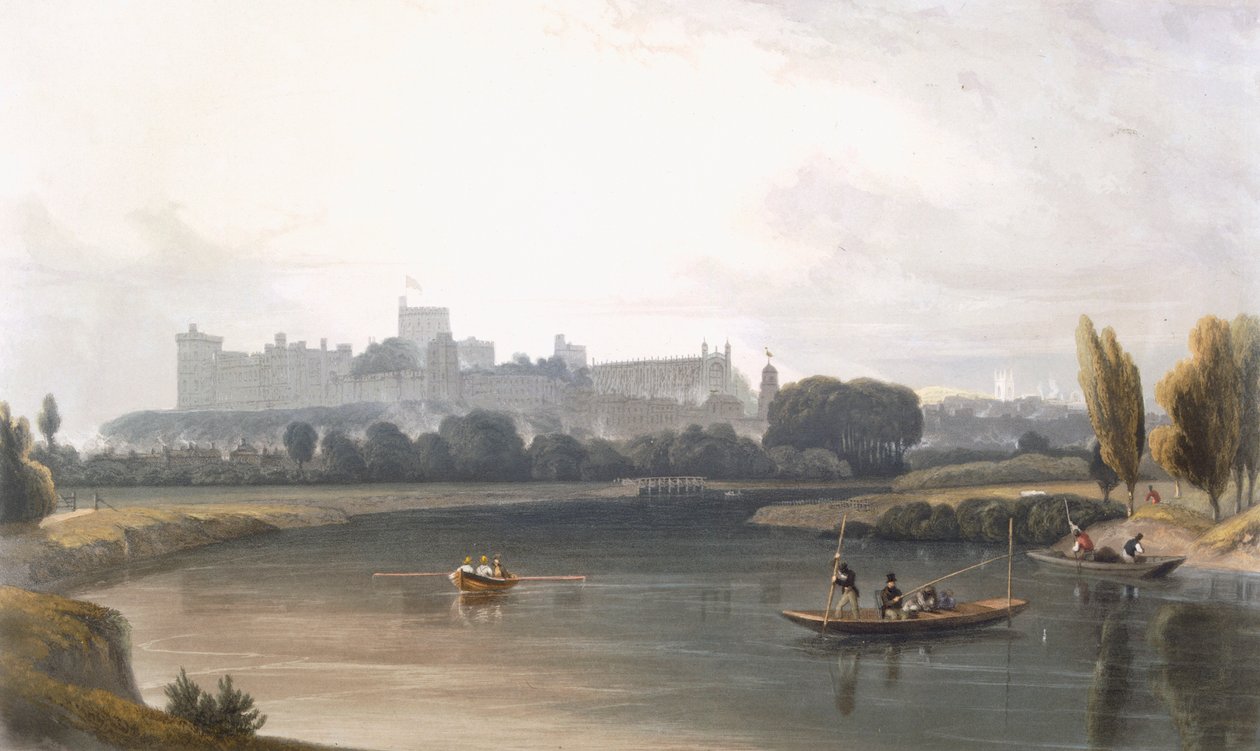 Zamek Windsor od Tamizy: widok na zachód i łowienie ryb z łódek, ok. 1827-30. autorstwa William Daniell