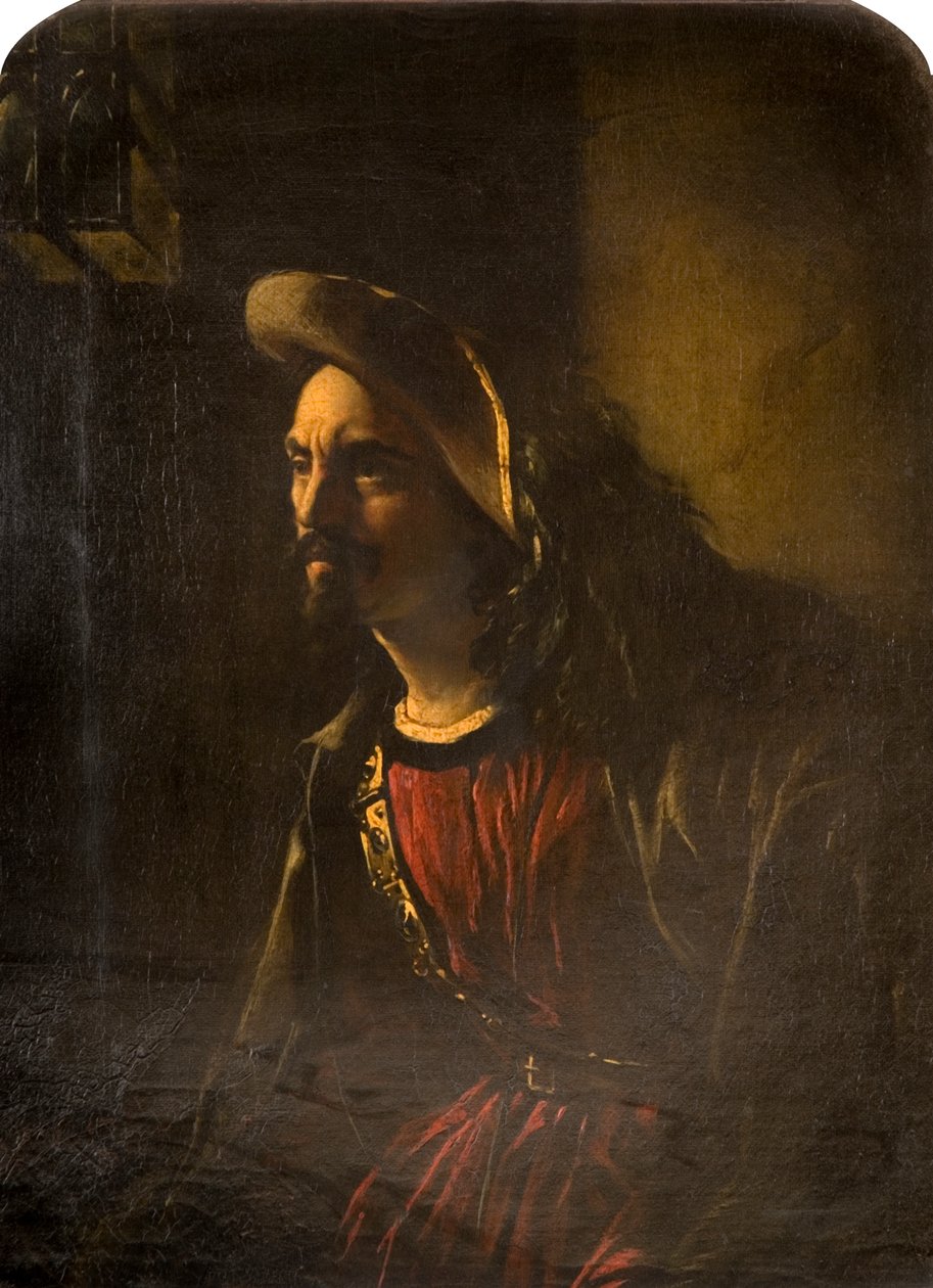 Portret mężczyzny w kapeluszu z pióropuszem, autorstwa William Daniels