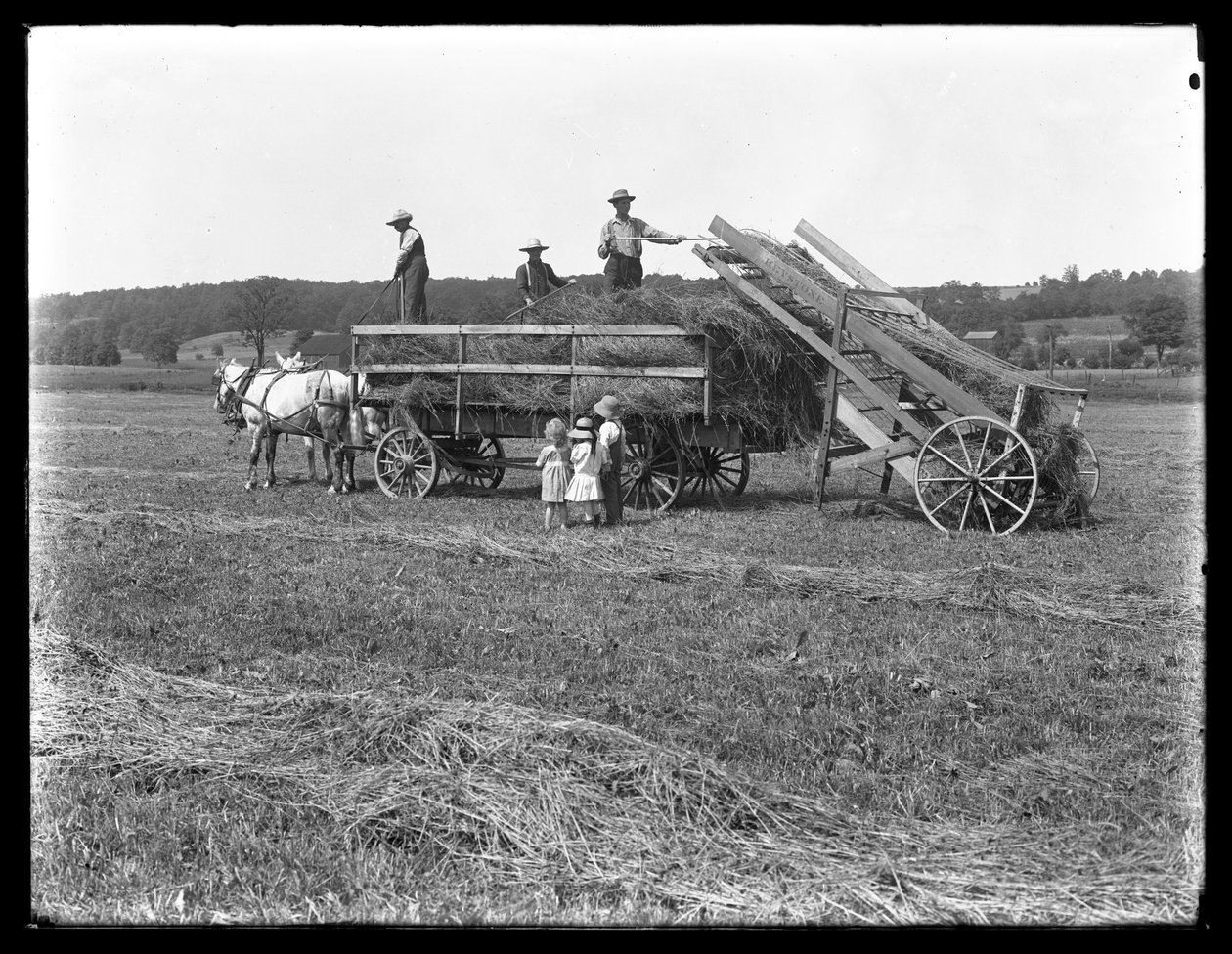 Robotnicy rolni ładują siano na wóz konny z sianem, gdy troje dzieci obserwuje, McCready Farm, Crawford County, Pennsylvania, ok. 1913 autorstwa William Davis Hassler