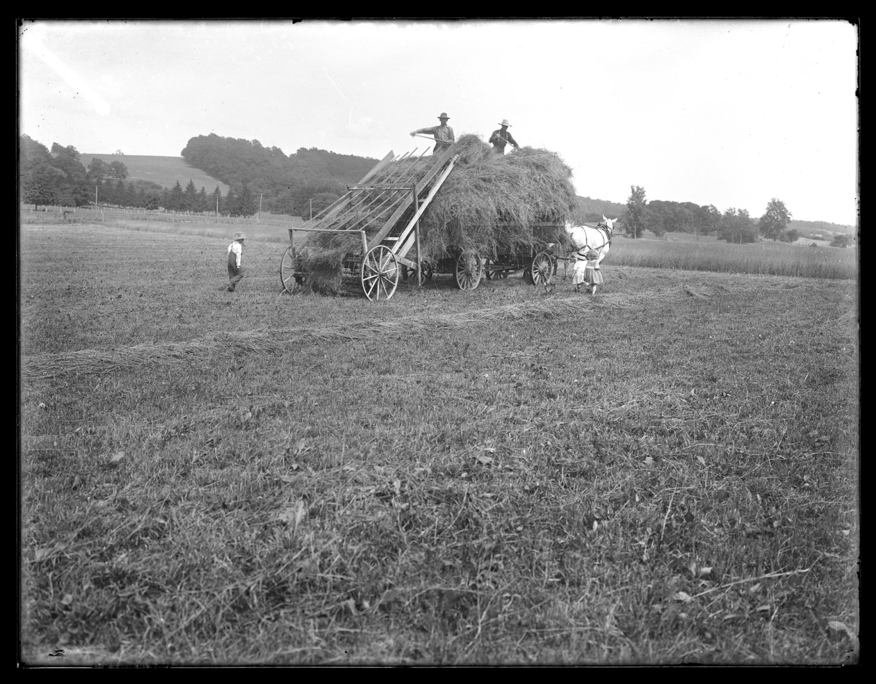 Wóz z sianem, robotnicy rolni i dzieci, pokazujący urządzenia do podnoszenia siana, farma McCready, hrabstwo Crawford, Pensylwania, ok. 1913 r. autorstwa William Davis Hassler