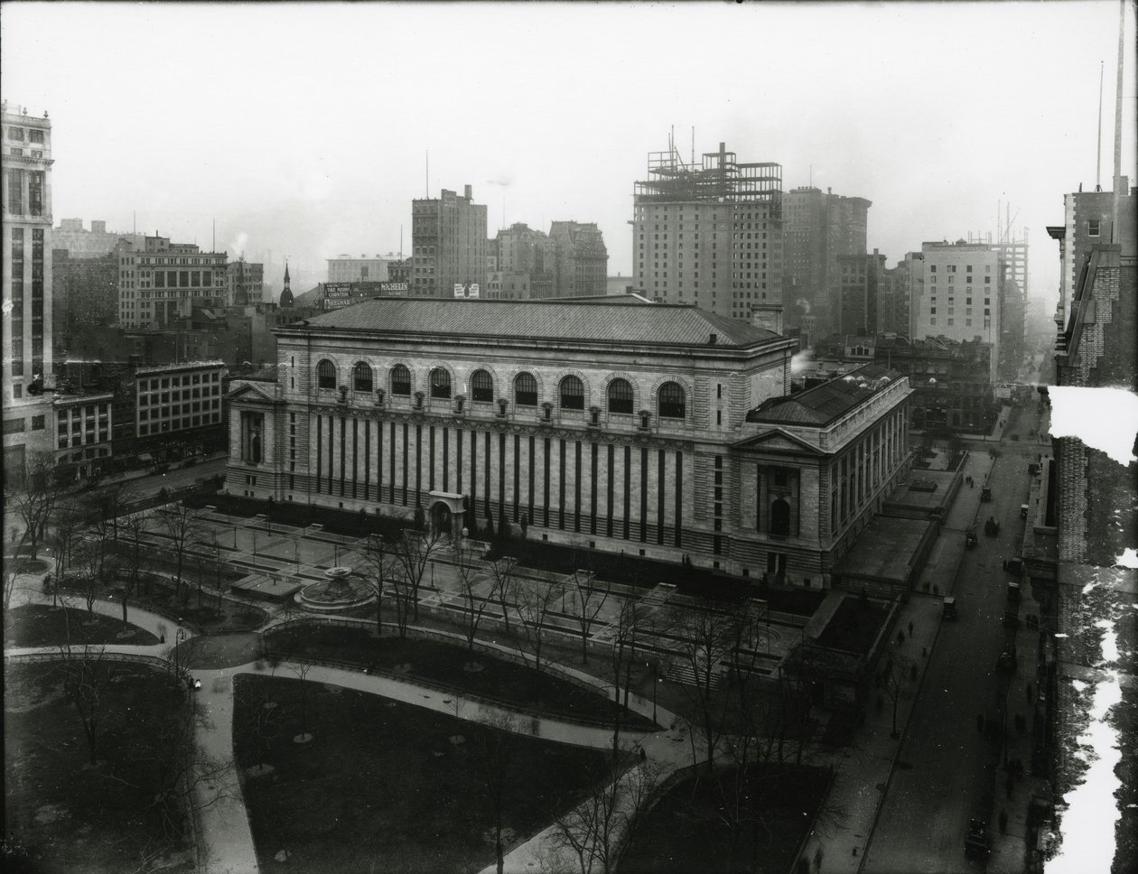 Nowojorska Biblioteka Publiczna i Bryant Park, ok. 1910-21 autorstwa William Davis Hassler