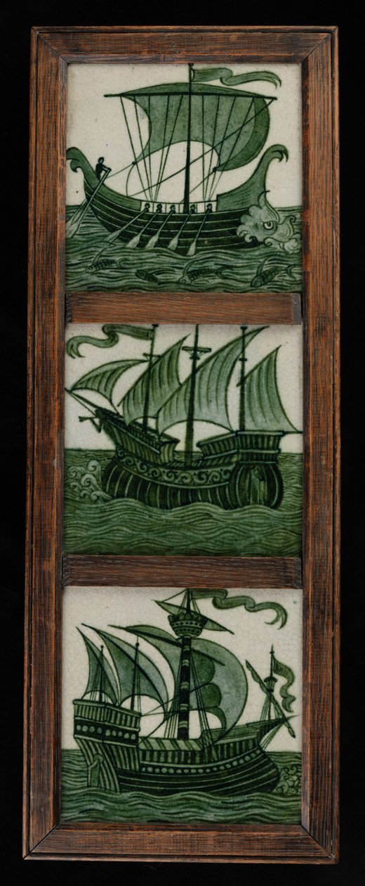 Kafelkowy panel statków pod pełnymi żaglami, w ramie, ok. 1865-80 (ceramika) autorstwa William de Morgan