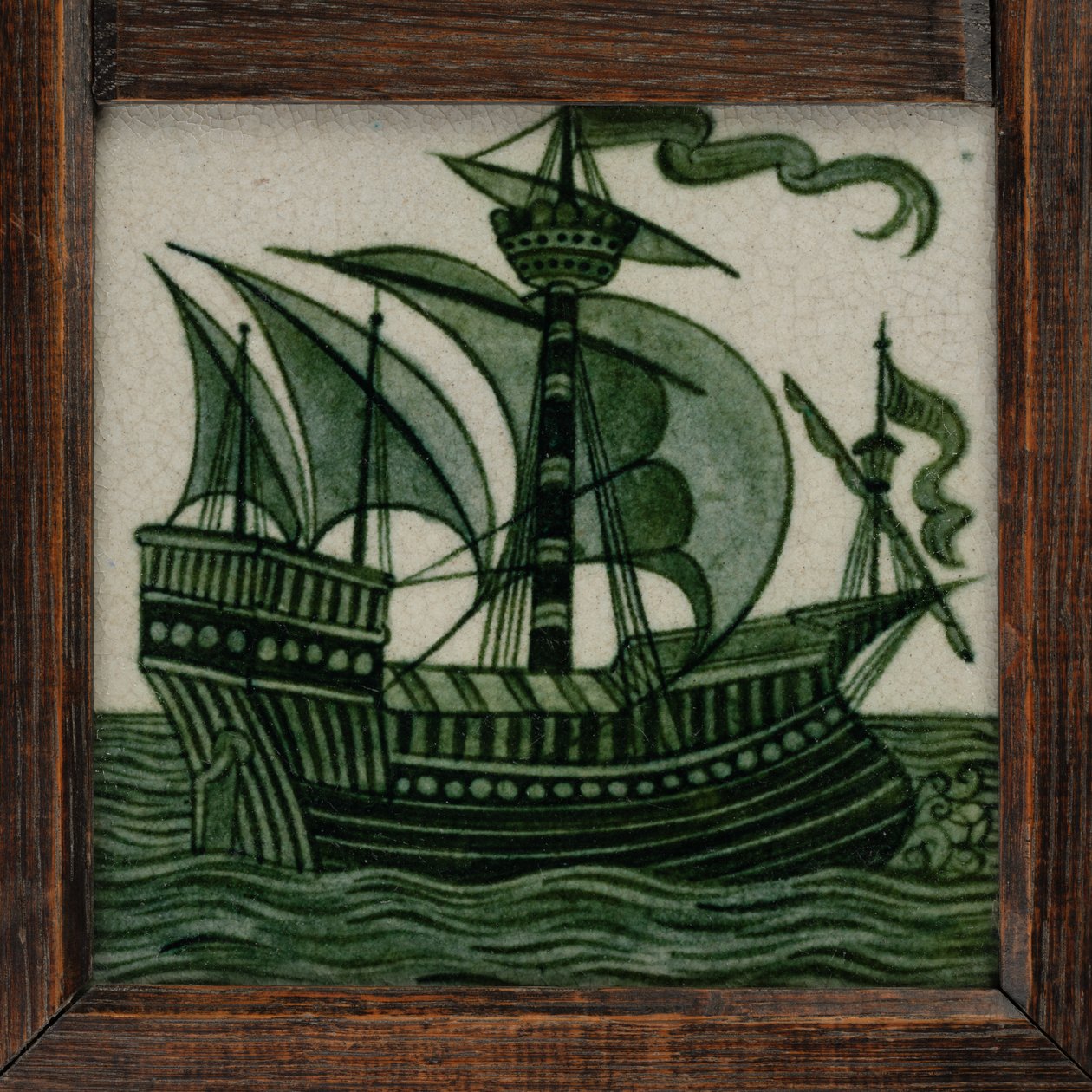 Kafelkowy panel statków pod pełnymi żaglami, w ramie, ok. 1865-80 (ceramika) autorstwa William de Morgan