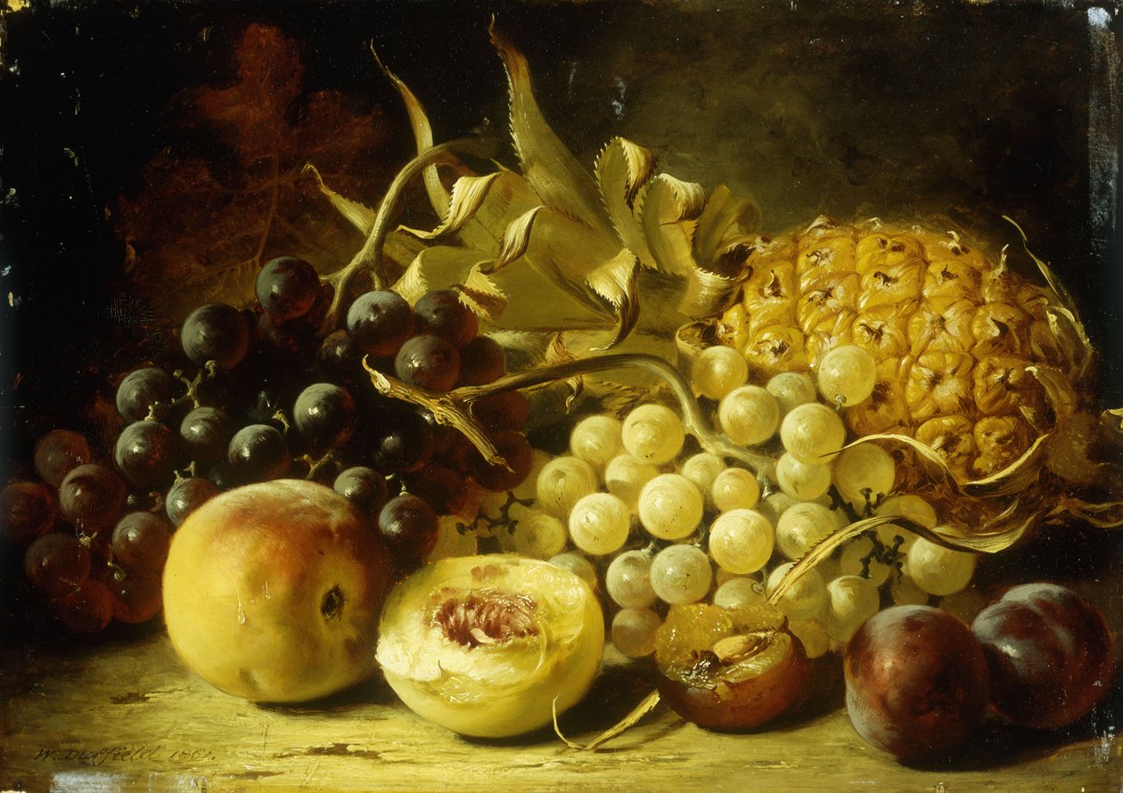 Martwa natura z winogronami, brzoskwiniami, śliwkami i ananasem, 1861 autorstwa William Duffield