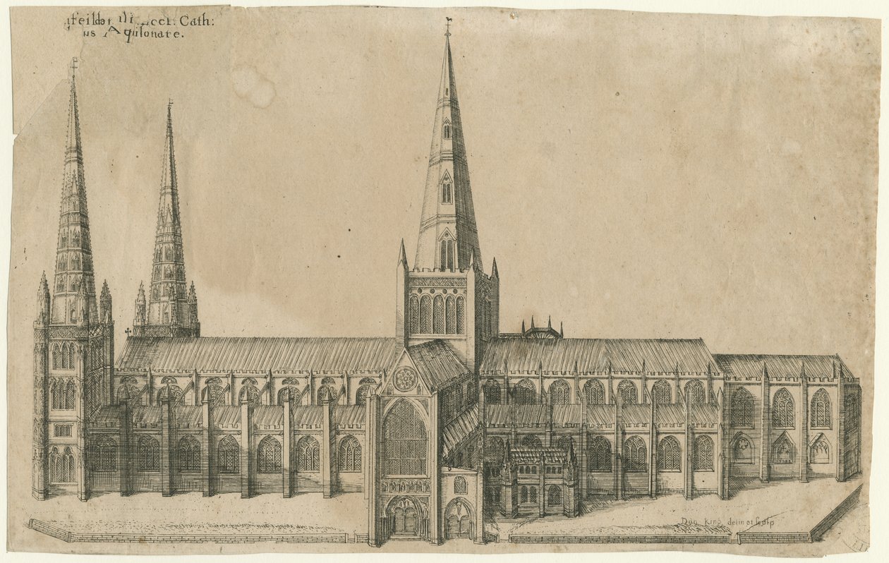 Katedra w Lichfield — widok na południe: miedzioryt, nd [?poł. XVII w.] autorstwa William Dugdale