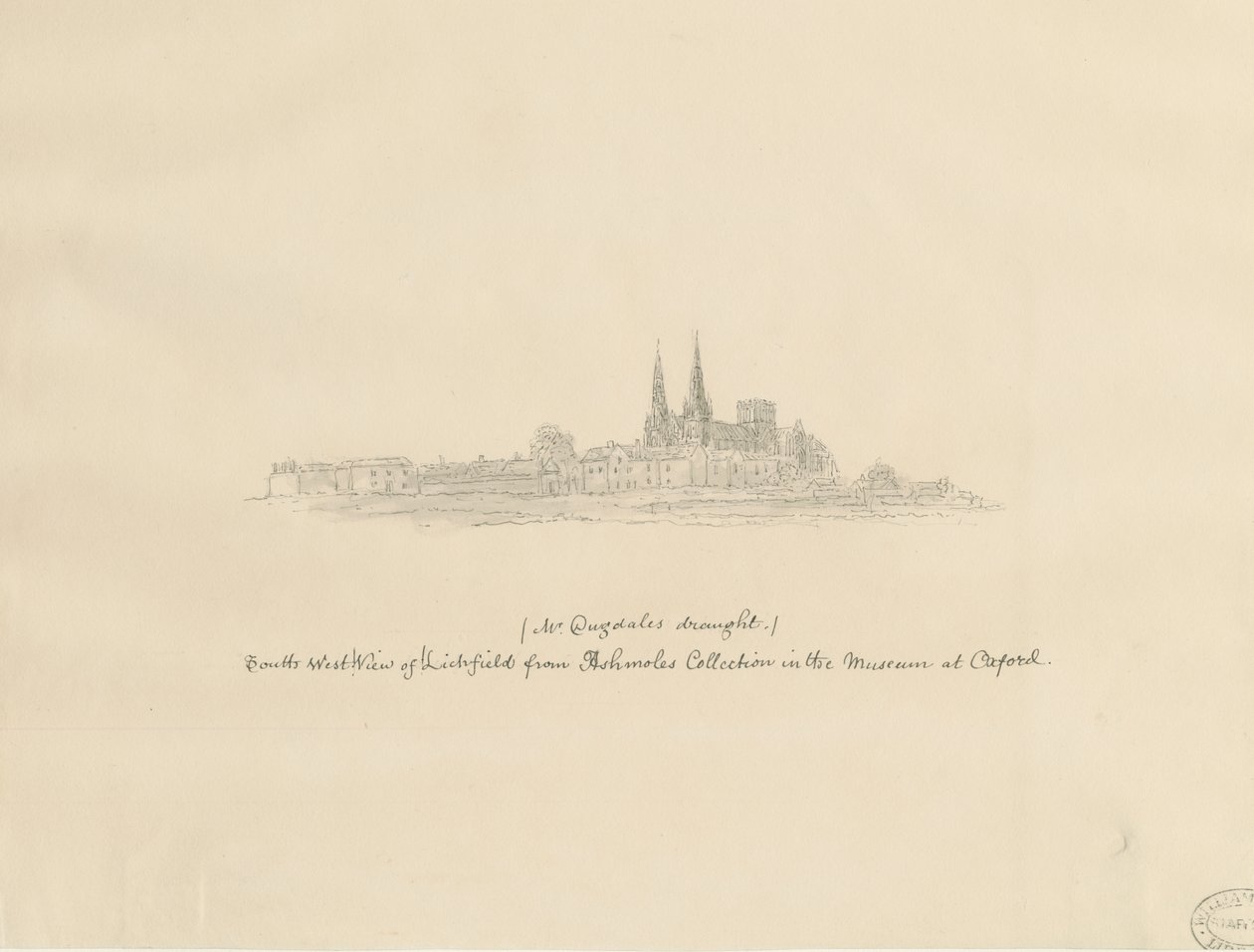 Katedra w Lichfield - South West Widok: rysunek ołówkiem i [?XVII wiek] (rysunek) autorstwa William Dugdale