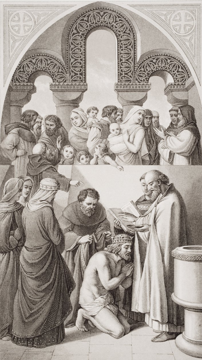 Chrzest króla Ethelberta (ok. 552-616) z Kentu przez św. Augustyna w Canterbury w 597, z „Illustrations of English and Scottish History” Tom I autorstwa William Dyce