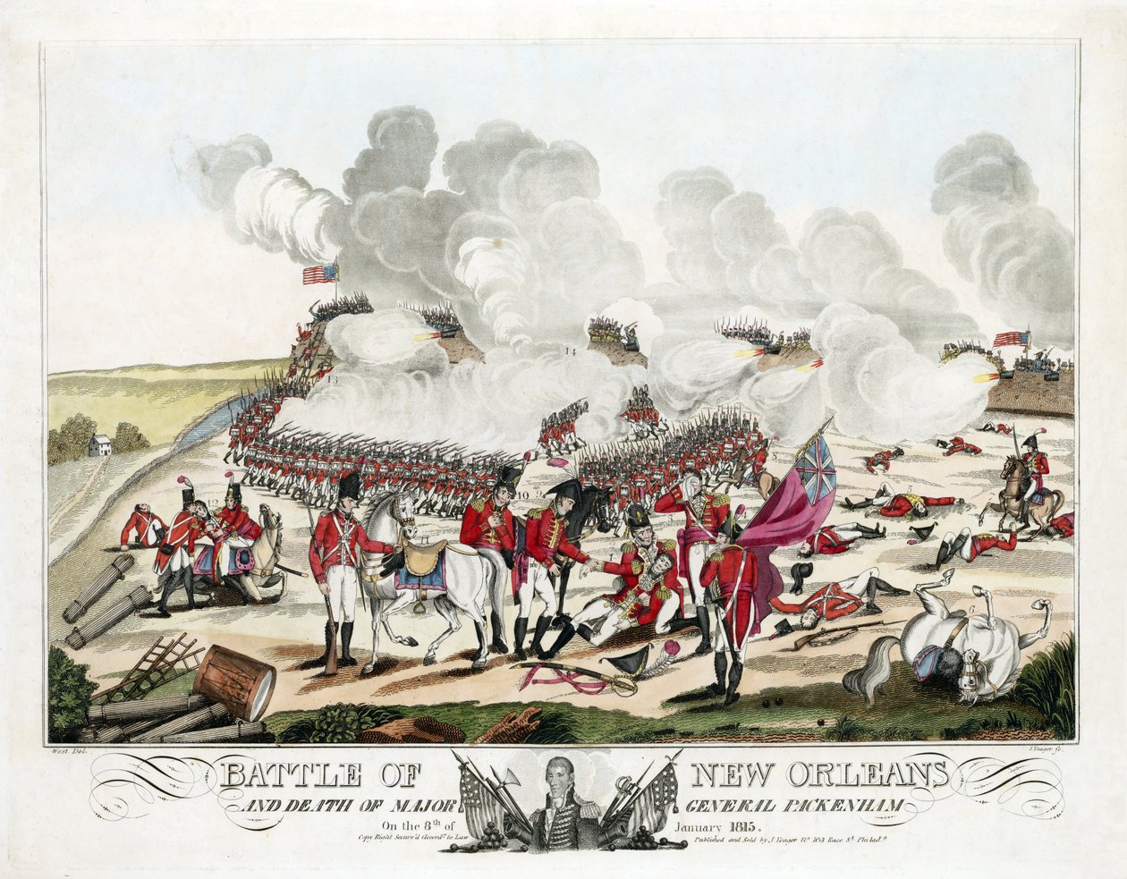 Bitwa o Nowy Orlean i śmierć generała majora Packenhama 8 stycznia 1815, wyd. 1815 (kolorowy grawerunek) autorstwa William Edward (after) West