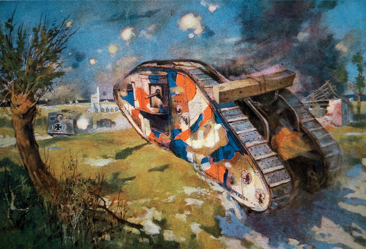 Zakamuflowany brytyjski czołg Mk IV w akcji przeciwko niemieckiemu czołgowi podczas I wojny światowej, ilustracja opublikowana w „The Sphere”, sierpień 1918 (kolor lito) autorstwa William Edward (after) Wigfull