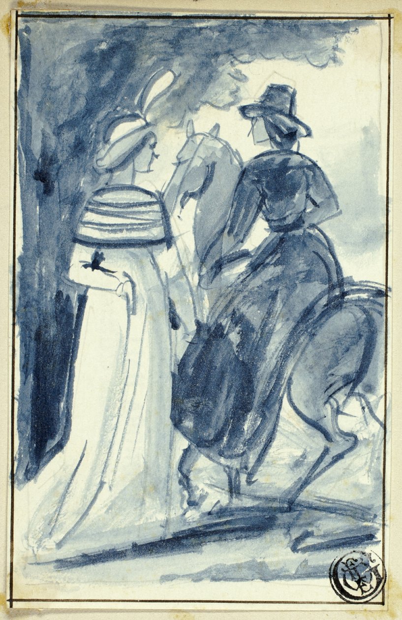 Dwie kobiety (jedna na koniu) w stroju z końca XVIII wieku autorstwa William Edward Frost