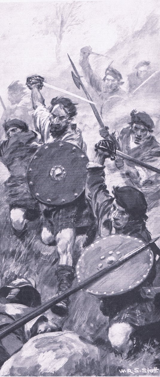 Górale w bitwie pod Killiecrankie, ilustracja z brytyjskich bitew lądowych i morskich, 1915 autorstwa William Edward Stott