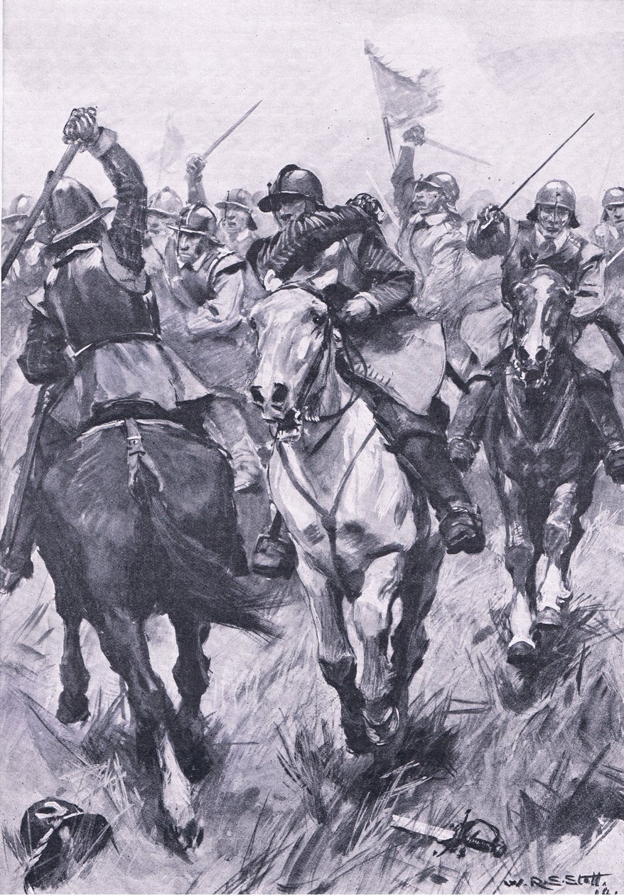 Konflikt kawalerii pod Dunbarem 3 września 1650 r., ilustracja z brytyjskich bitew lądowych i morskich, 1915 r. autorstwa William Edward Stott
