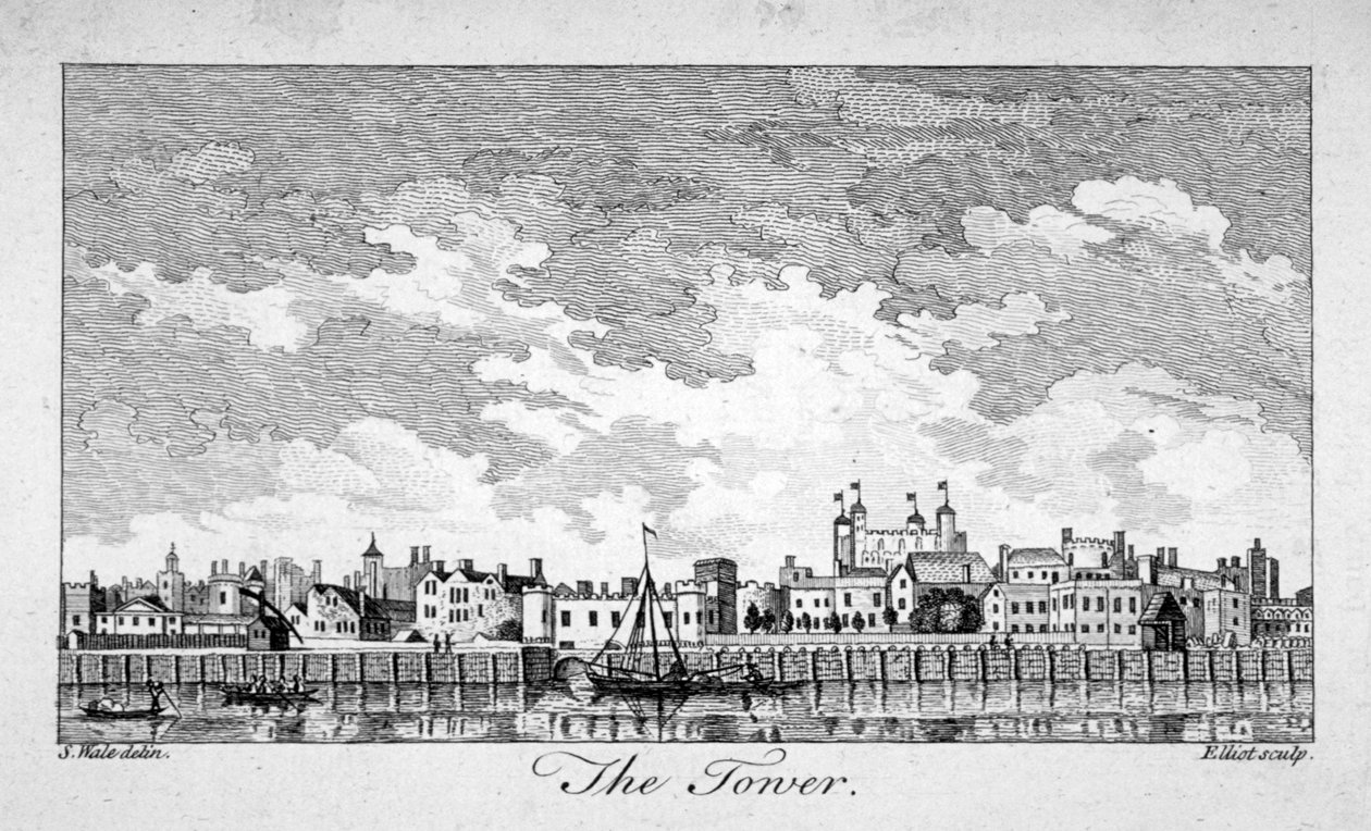 Widok południowy na Tower of London z łodziami na Tamizie, 1761 autorstwa William Elliot