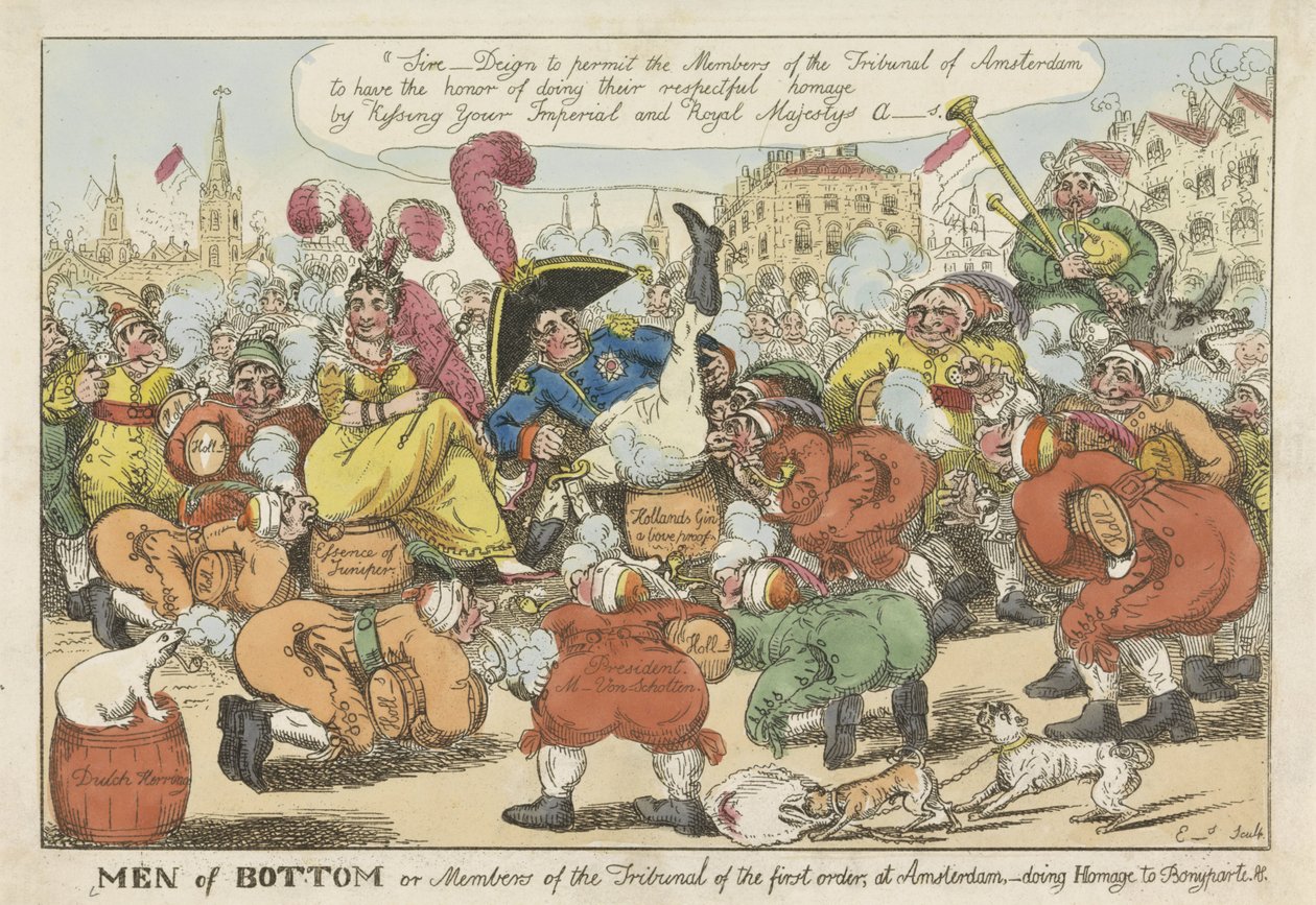 Holendrzy chcą pocałować Napoleona w tyłek, 1811 Men of Bottom lub członkowie trybunału pierwszego rzędu, w Amsterdamie, oddając hołd Bonyparte (tytuł na przedmiocie) autorstwa William Elmes