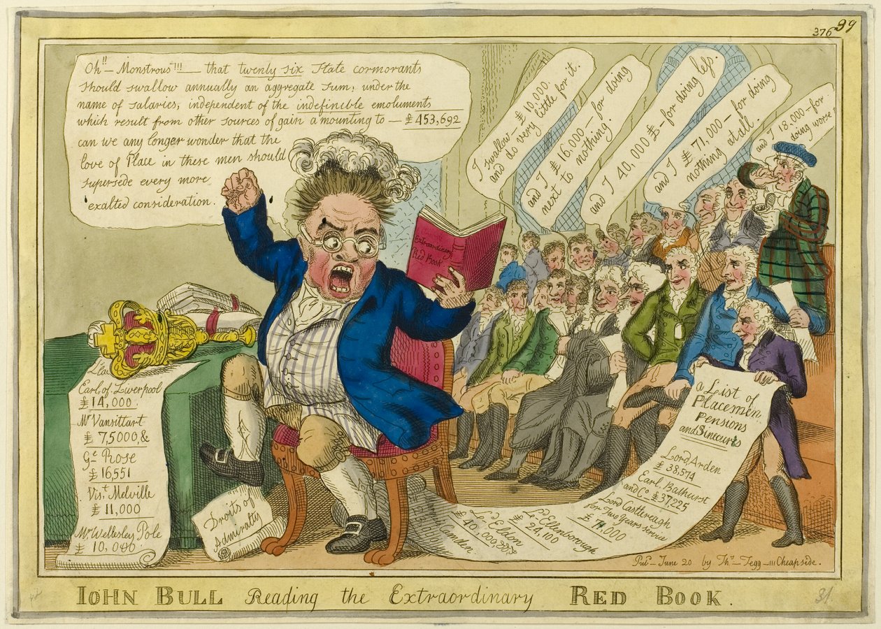 John Bull czyta niezwykłą Czerwoną Księgę autorstwa William Elmes
