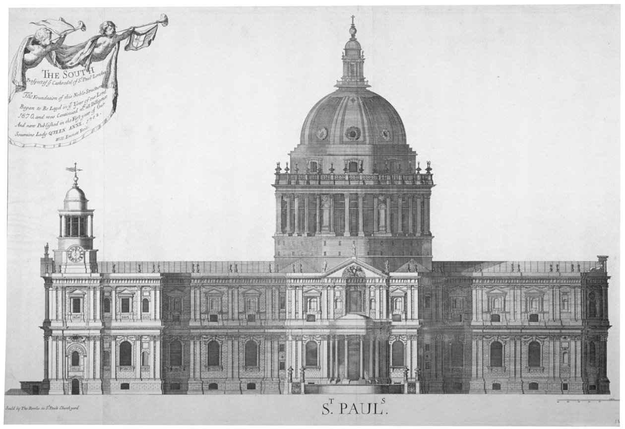 Elewacja południowa katedry św. Pawła, City of London, 1702 r. autorstwa William Emmett