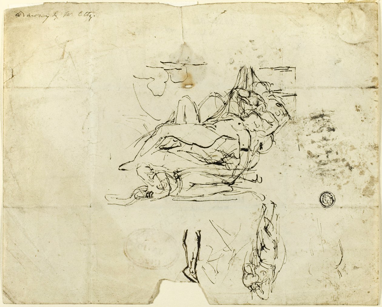 Szkice leżącej nagiej kobiety i zakochanej pary autorstwa William Etty
