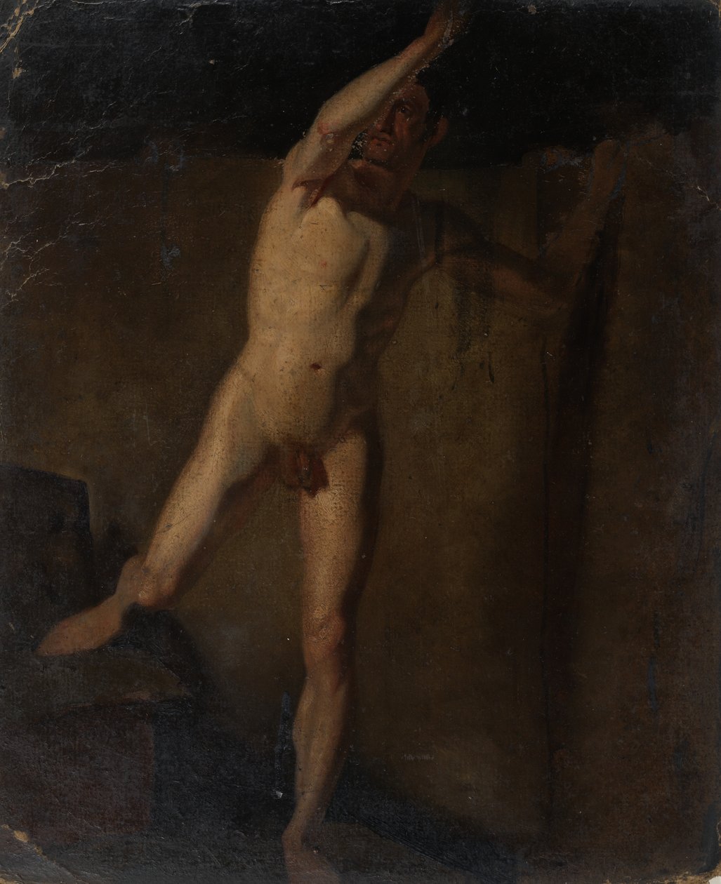 Stojący Akt Męski, podniesione prawe ramię, prawa stopa oparta na klockach autorstwa William Etty