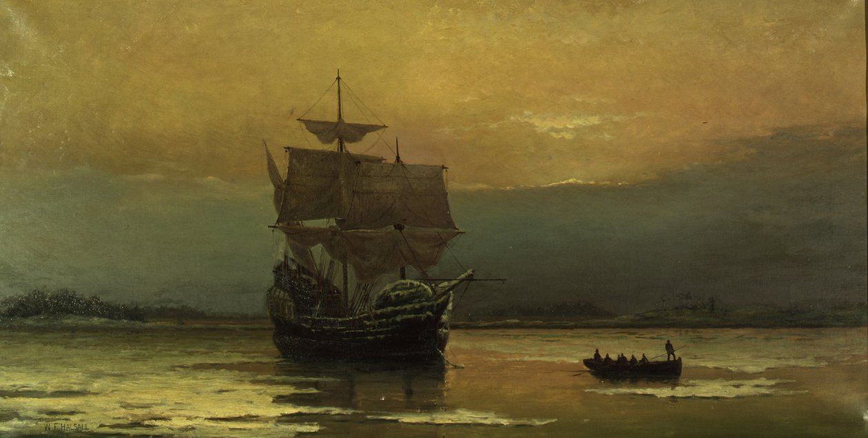 Mayflower po przybyciu do portu Plymouth, 1882. autorstwa William Formby Halsall