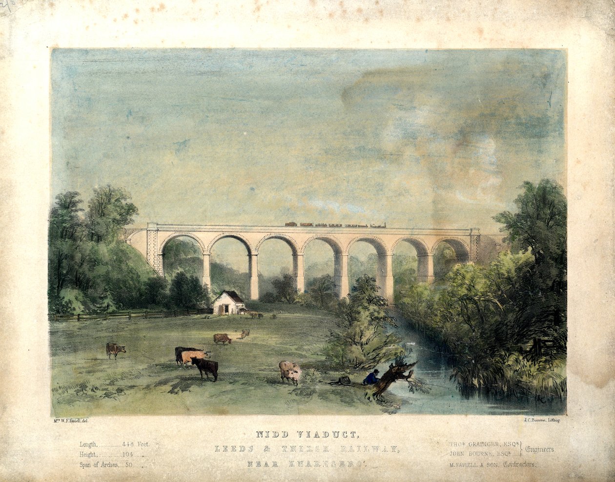Wiadukt Nidd, kolej Leeds i Thirsk, niedaleko Knaresbro”, ok. 1850 r. (litografia kolorowa na papierze) autorstwa William Frederick Faviell