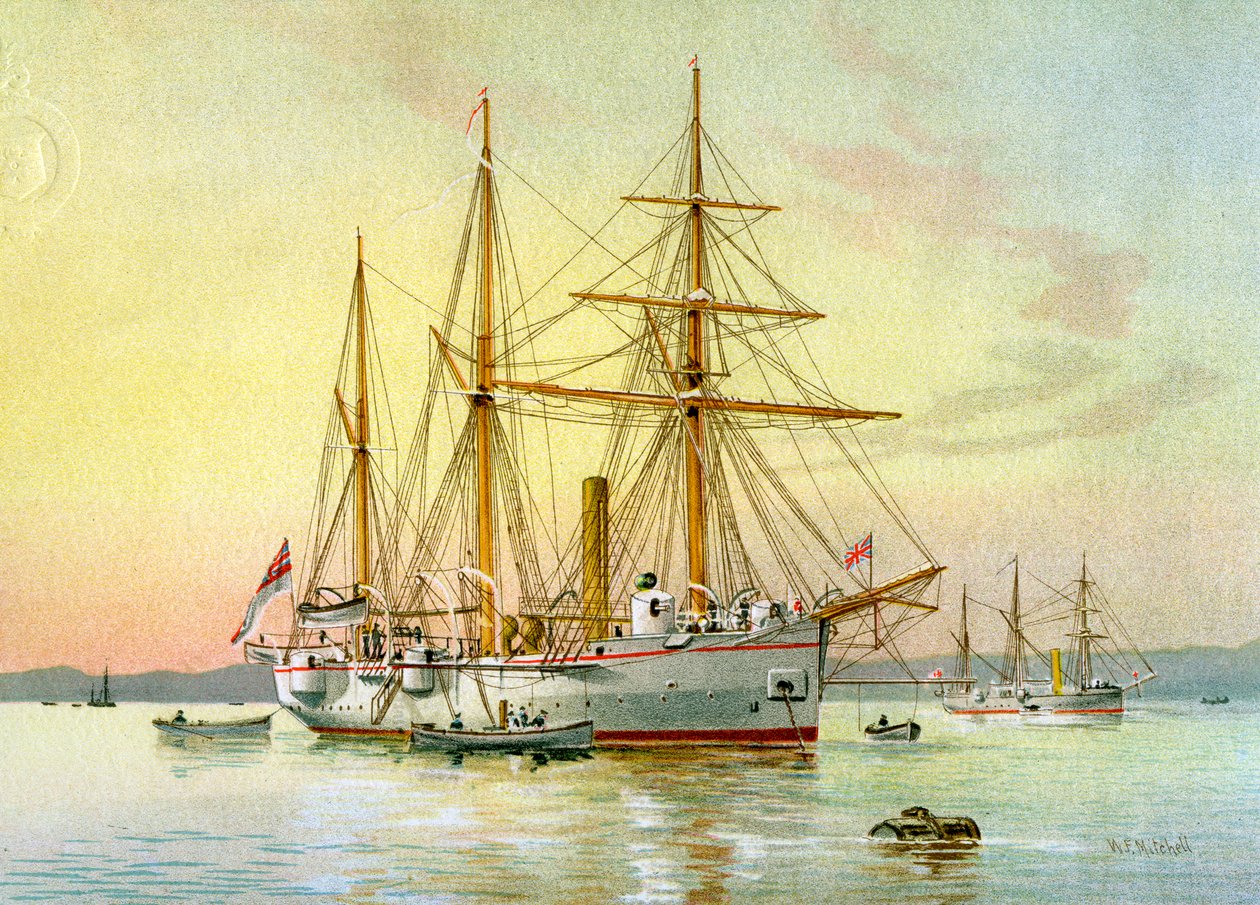 HMS Bramble, kanonierka 1. klasy Royal Navy, c1890-c1893. autorstwa William Frederick Mitchell