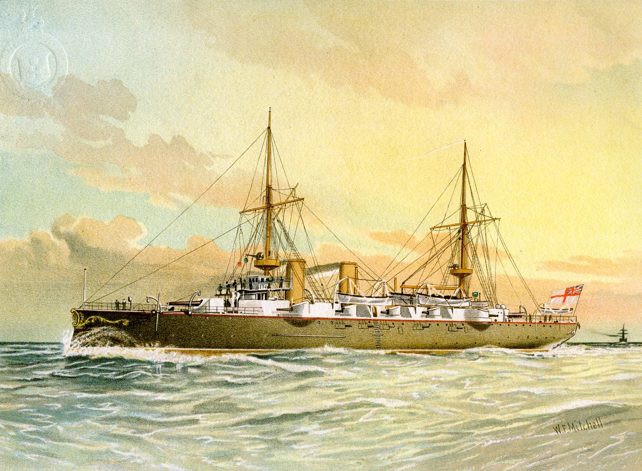 HMS Undaunted, krążownik pierwszej klasy Royal Navy, c1890-c1893. autorstwa William Frederick Mitchell