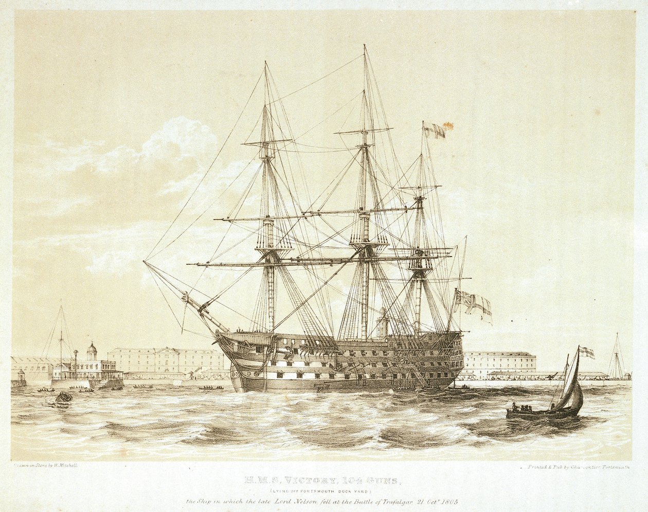 HMS "Victory", koniec XVIII lub początek XIX wieku (kolorowa litografia) autorstwa William Frederick Mitchell