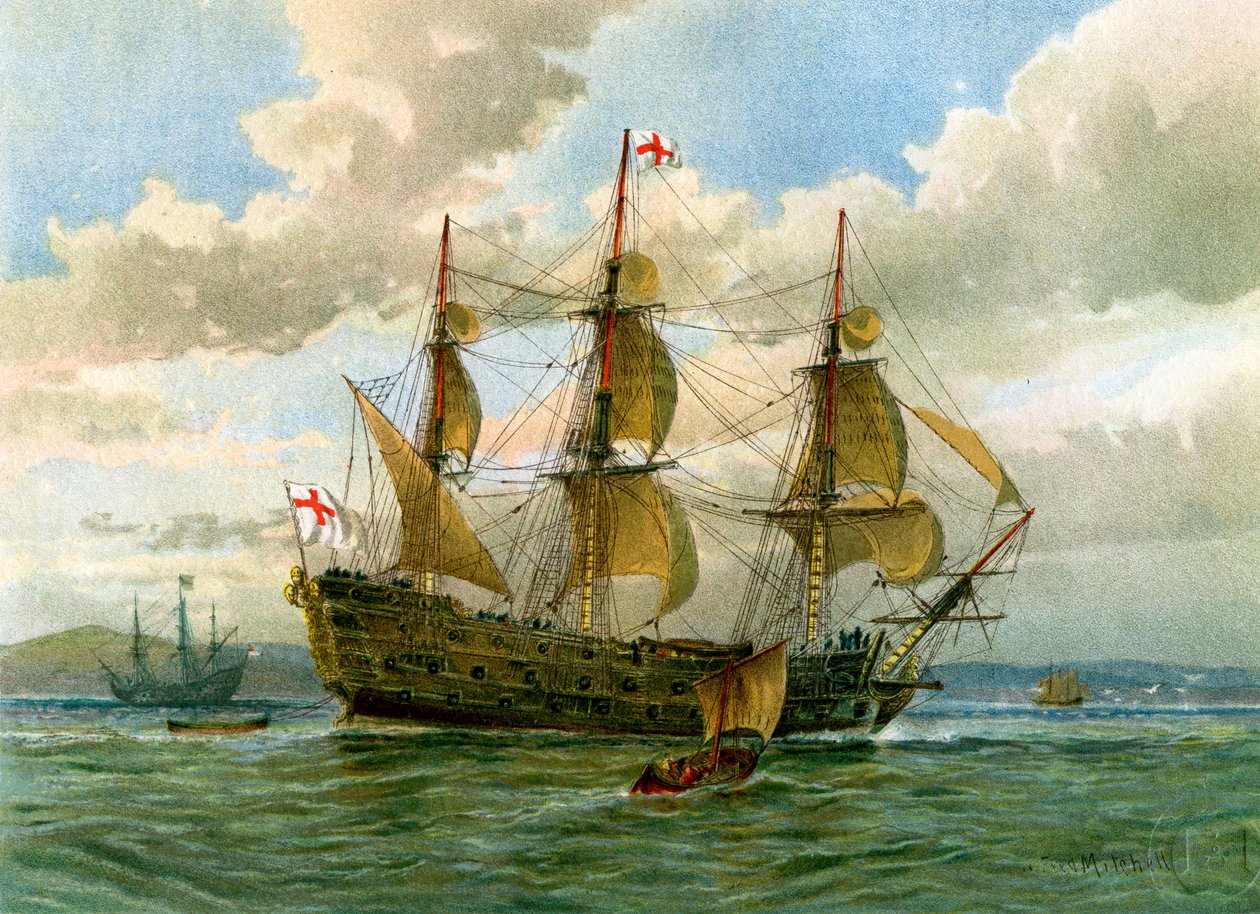 Okręt wojenny Royal Navy, c1650, c1890-c1893. autorstwa William Frederick Mitchell
