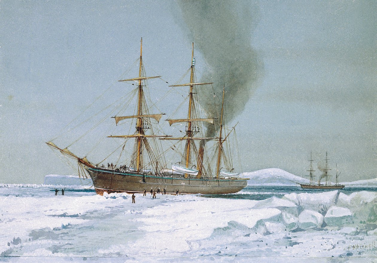 HMS "Discovery" przedzierający się przez lód, statek przeznaczony do wypraw na Antarktydę. Akwarela, około 1901 roku, autorstwa Williama Fredericka Mitchella (1845-1914). autorstwa William Frederick Mitchell