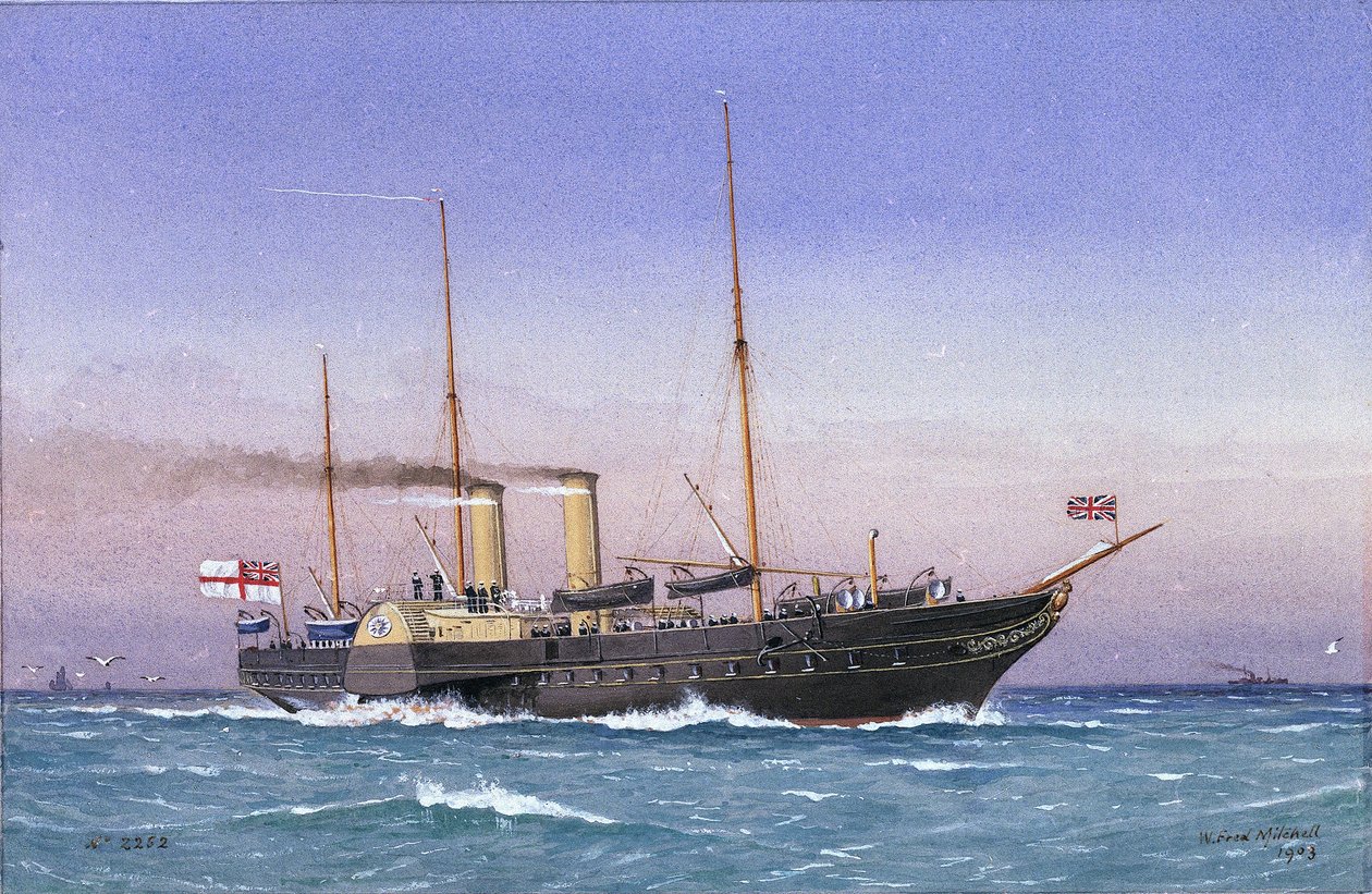 Królewski jacht "Osborne" (1870), pełna para i złożone żagle, na morzu. Akwarela autorstwa William Frederick Mitchell