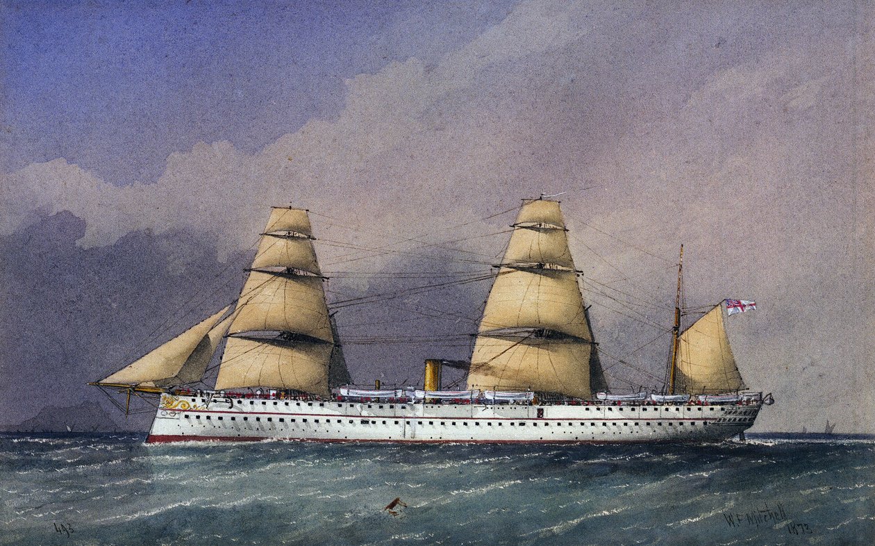 Statek HMS "Jumna" (1866), łódź Królewskiej Marynarki Wojennej o żelaznym kadłubie, służąca do transportu wojsk z i na subkontynent indyjski. Akwarela autorstwa William Frederick Mitchell