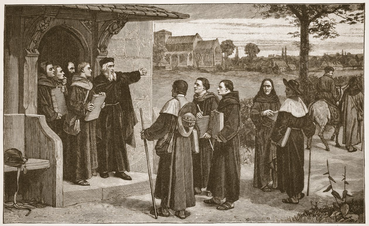 Wycliff wysyła swoich „biednych księży”, ilustrację z „Kościoła anglikańskiego: historia dla ludu” autorstwa H.D.M. Spence-Jones, wyd. ok. 1910 (zdjęcie w sepii) autorstwa William Frederick Yeames