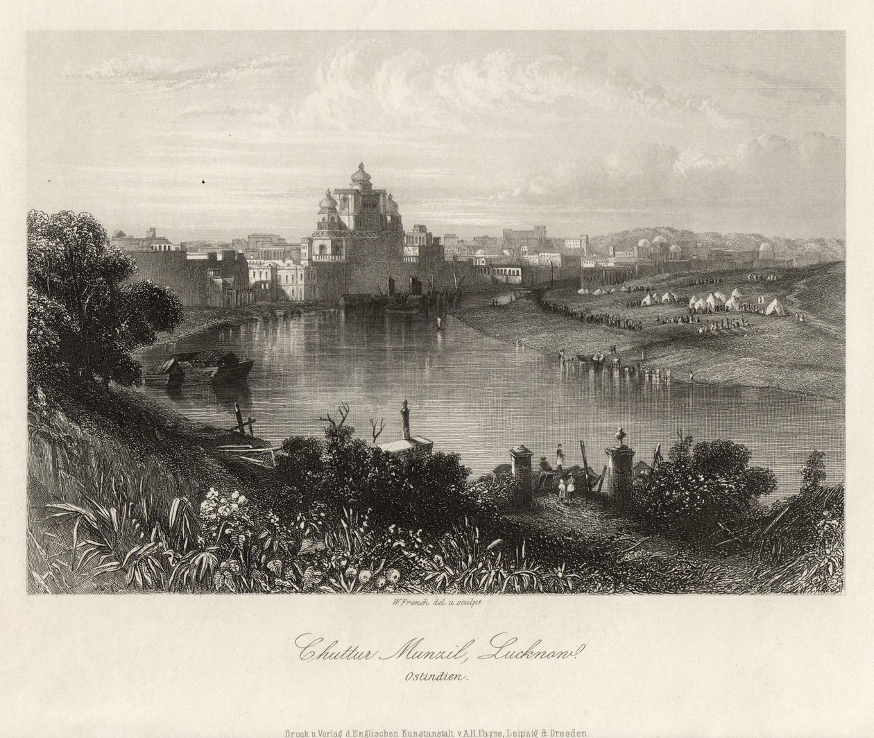 Widok ogólny przez rzekę Gomati, Chuttur Munzil, Lucknow. autorstwa William French