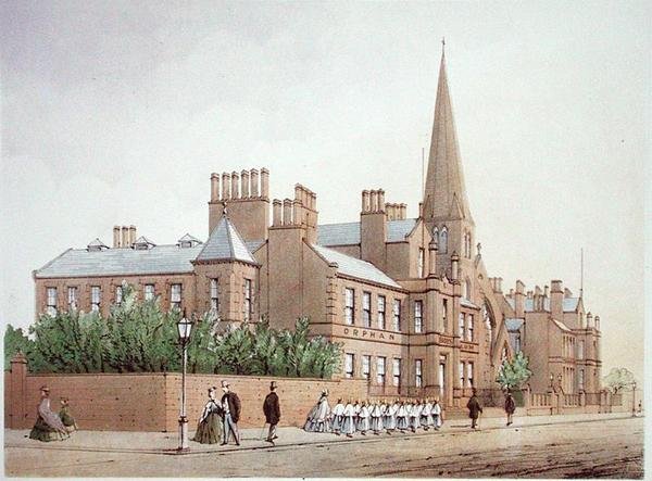Orphan Boys Asylum, z książki „Modern Liverpool Illustrated” Williama Gavina Herdmana i A. Pickeringa, opublikowane 1864 (kolor lito) autorstwa William Gavin Herdman