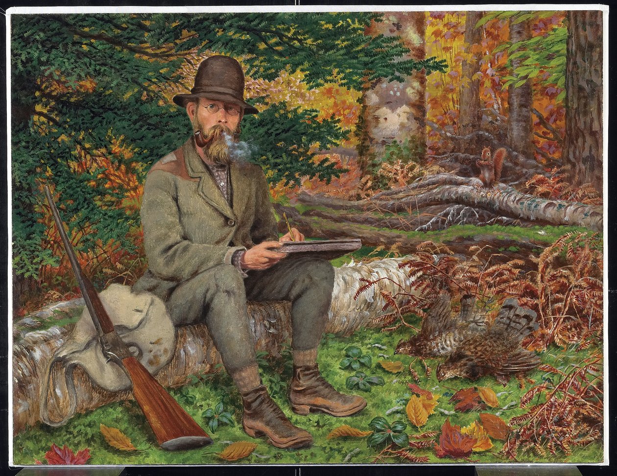 Autoportret w ekwipunku myśliwskim, ok. 1875 (olej i grafit na papierze na laminowanej płycie pilśniowej) autorstwa William George Richardson Hind