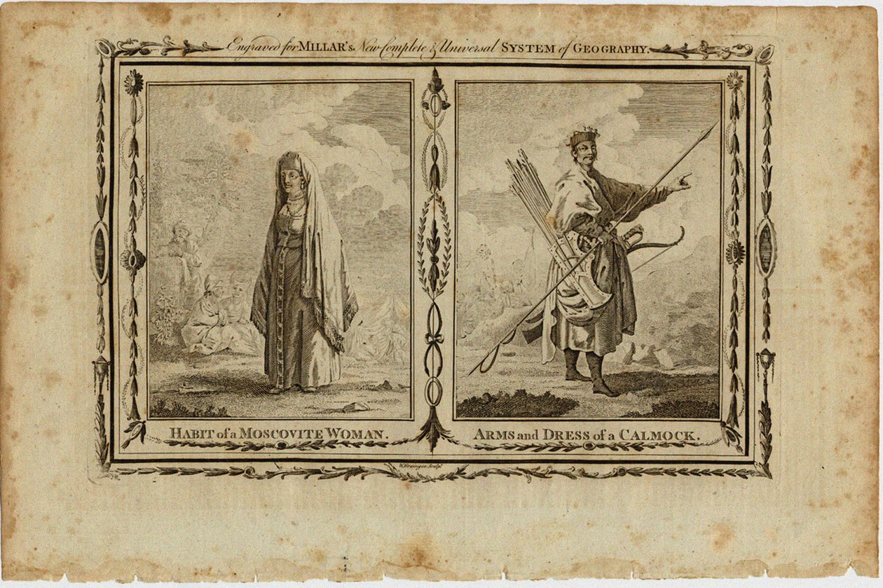 Obyczaje kobiety moskwianki oraz broń i strój Kałmuków, ok. 1730 autorstwa William Grainger