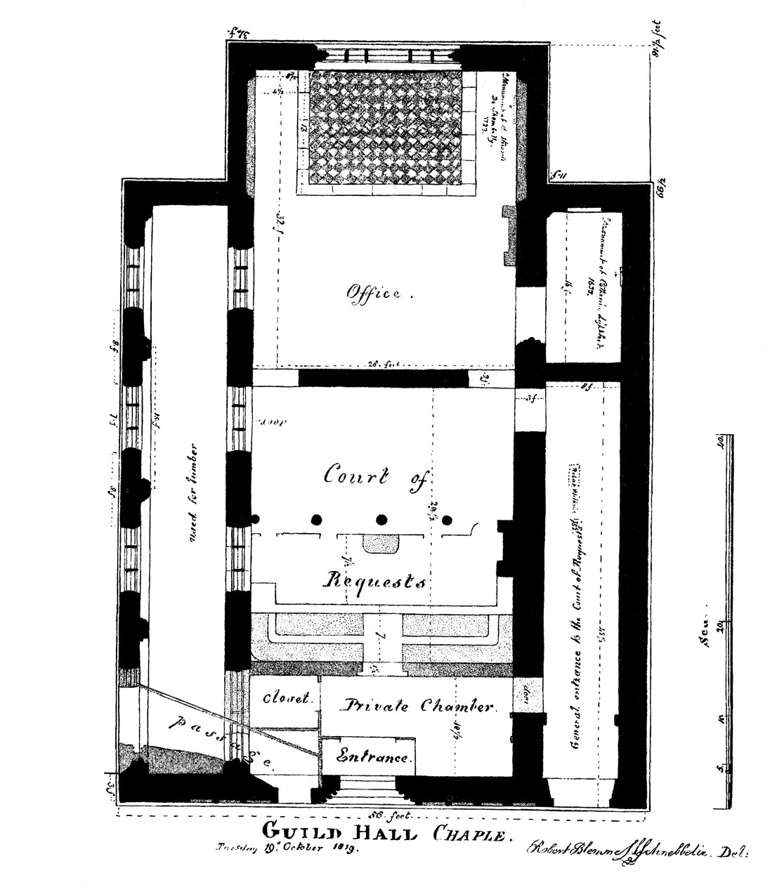 Plan Guildhall Chapel, King Street, Cheapside, Londyn, 1819 1886. autorstwa William Griggs