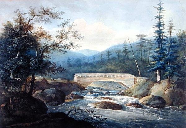 Kryty most przez rzekę Sacandaga, Hadley, NY, ok. 1820 (grafit i akwarela na papierze) autorstwa William Guy Wall