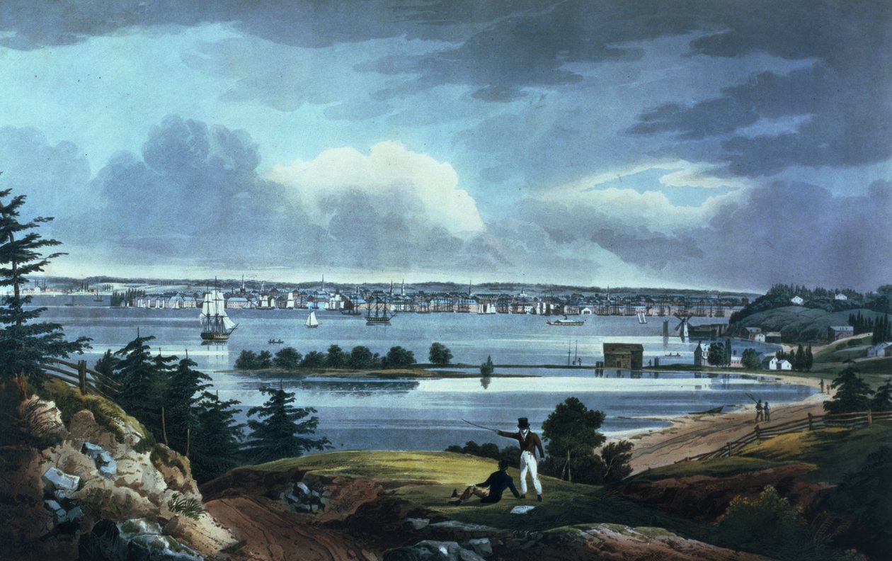 Nowy Jork ze wzgórz w pobliżu Brooklynu, 1820-23 (akwatinta barwna) autorstwa William Guy Wall